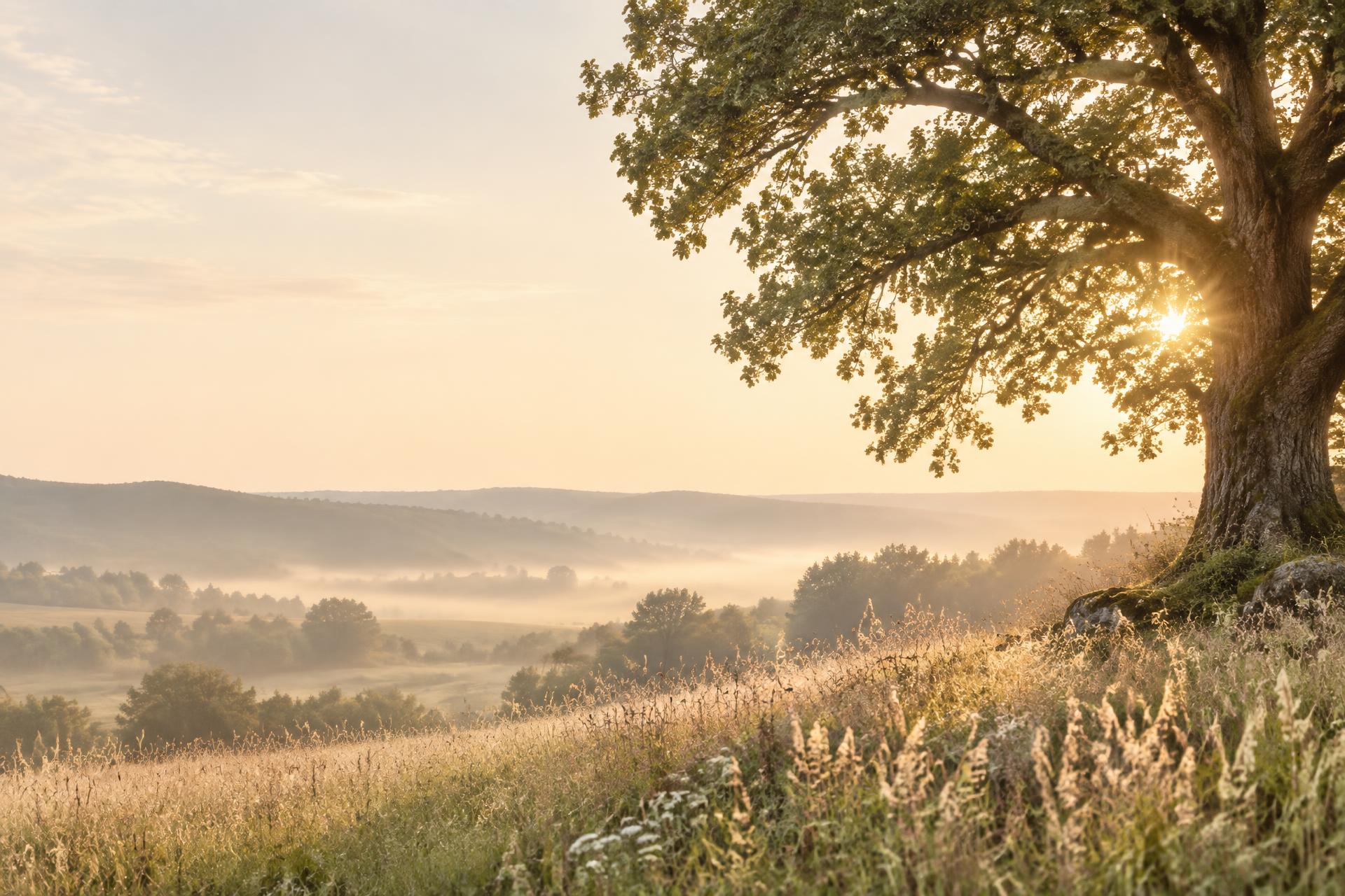 Ein alter Baum in einer stillen, sonnenbeschienenen Landschaft